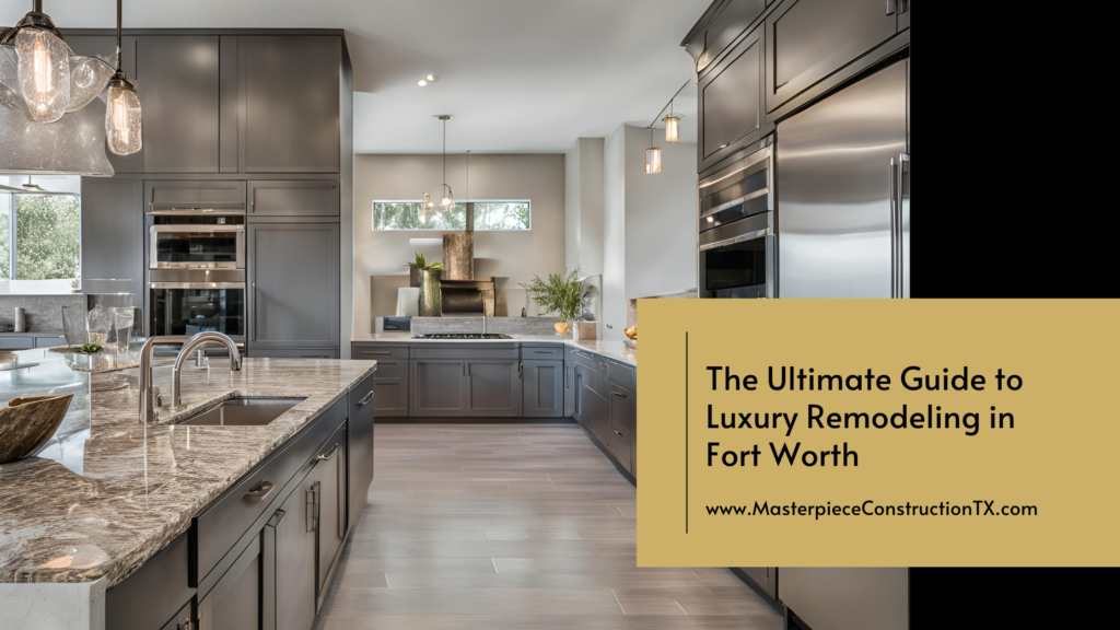 A modern luxury kitchen with dark gray custom cabinetry, marble countertops, and stainless steel appliances, showcasing premium craftsmanship and high-end design by a remodeling contractor in Fort Worth.